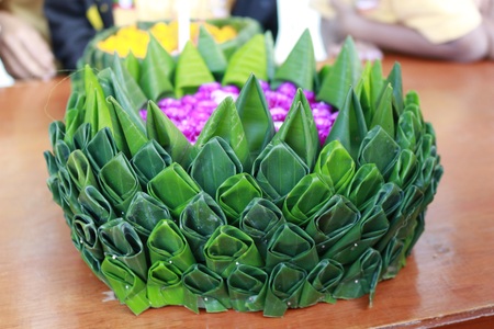 banana leave vessel Loy Krathong Dayの写真素材