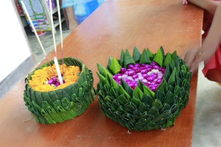 banana leave vessel Loy Krathong Dayの写真素材
