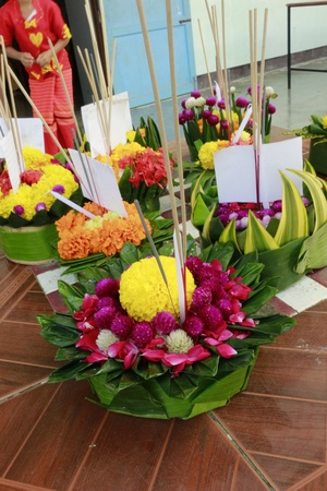 banana leave vessel Loy Krathong Dayの写真素材