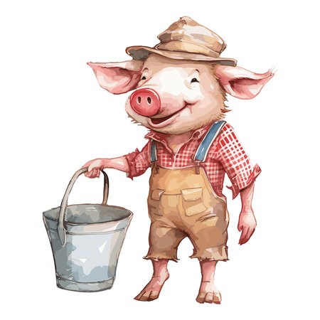 Watercolor Cute Pig With Hat and Jump Suit Bring Bucketのイラスト素材