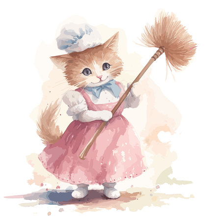 Watercolor Cute Kitten With Hat, Maid Apparel and Broomのイラスト素材
