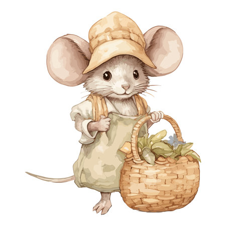Watercolor Cute Mouse With Hat and Clothes Carry Vegetable Bagのイラスト素材