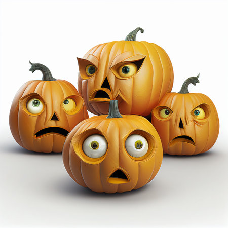 Halloween pumpkins with eyes and mouth isolated on a white backgroundの写真素材