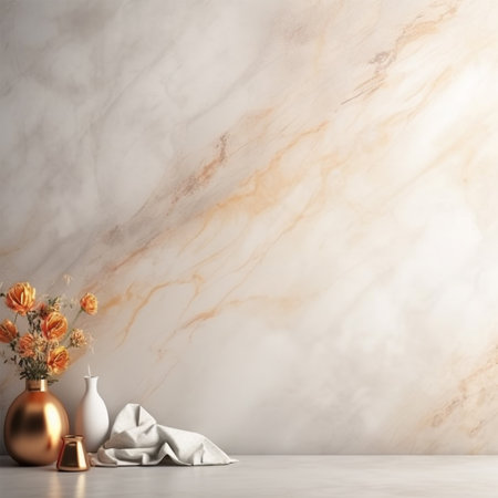 Marble wall mockup with a vase of flowers. 3d renderingの写真素材