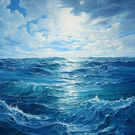 Blue sea water background with waves and sun. 3d render illustrationの写真素材
