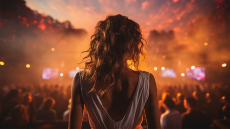 Back view of a young woman dancing in front of a music festivalの写真素材