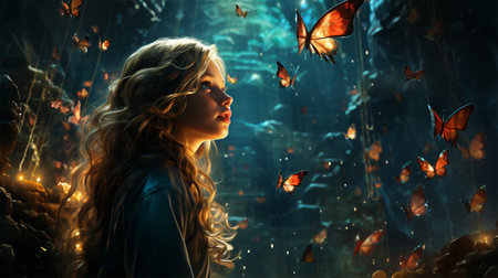 Beautiful young woman surrounded by flying butterflies in a dark cave.の写真素材