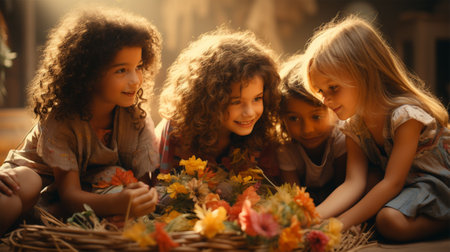 Group of kids with basket of autumn leaves on dark background. Selective focus.の写真素材