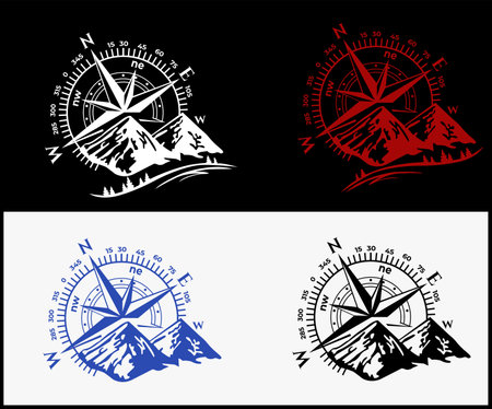 Vintage windmills and mountain logo set. Retro windmills and mountains vector emblems.のイラスト素材