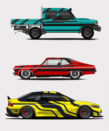 Racing car wrap design set. Graphic abstract racing car wrap design template vector