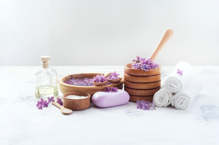 Massage and spa products with lilac flowersの写真素材