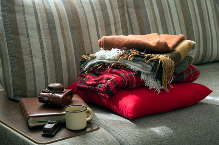 A stack of warm blankets on the couch, coffee mug, camera photo album
