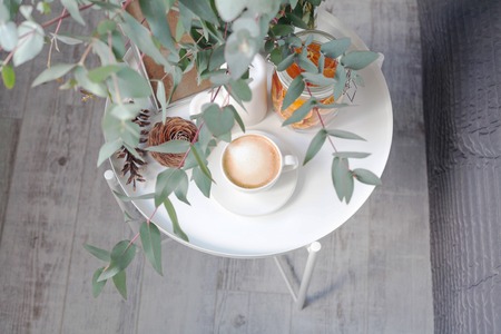 Eucalyptus in the interior, morning coffee on the table in the bedroom by the bedの写真素材