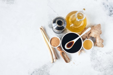 Teriyaki sauce.  Ingredients for lemongrass wand sauce, ginger, honey, sugar, soy sauce, garlic sesame seeds brothの写真素材