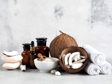 Spa and massage products with coconutの写真素材