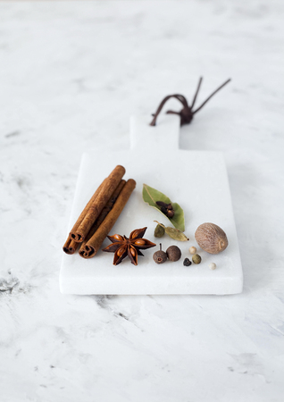 spices on a white marble background. The view from the top. Copy Spaceの写真素材