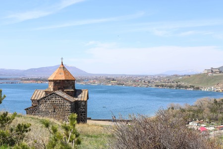 Sevanavank monastery - Holy apostles and the blessed virgin, lake Sevan in the background, Armeniaの写真素材