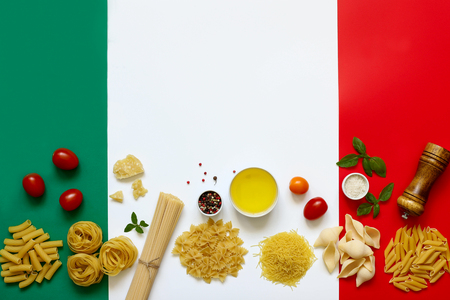 Italian pasta ingredients on a white background. Different kinds of pasta.の写真素材