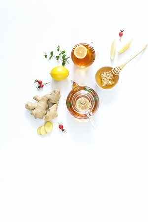 Hot drink, tea with ginger, lemon, honeyの写真素材