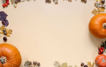 Autumn background with pumpkins, leaves, nuts, mushrooms and berries on beige background.の写真素材