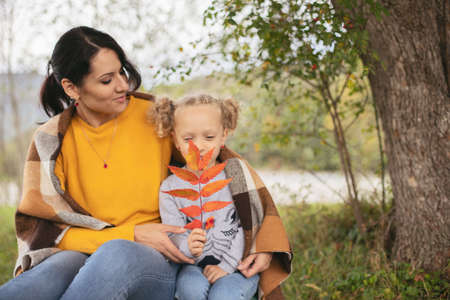 Mom and daughter are walking in the forest in autumn. They are sitting on a stump in the grass wrapped in a blanket, drinking tea, laughing, hugging, talking.の写真素材