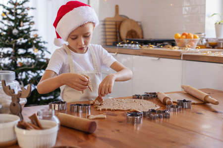 Children with their mother cut out Christmas gingerbread cookies on the table from rolled dough. The interior of the Christmas kitchen. Family holiday Cooking.の写真素材