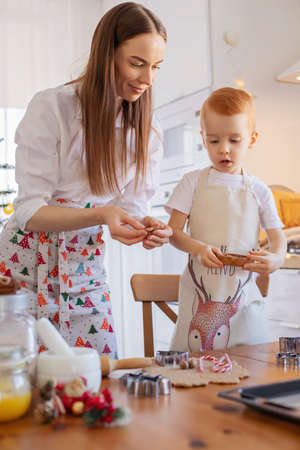 Mom and child prepare festive pastries, Christmas cookies. In the festive decorated kitchen, on the kitchen table, dough is rolled out, gingerbread and cookies are cut out.の写真素材