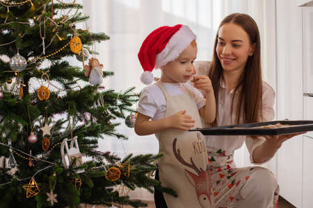 Mom and son have prepared Christmas ginger cookies and put it on a baking sheet in the oven. Christmas interior, Christmas tree. Dressed in aprons and a Santa Claus hat.の写真素材