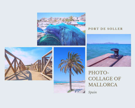 Photo collage with beach pictures from Mallorca with palm trees and sandy beachの写真素材