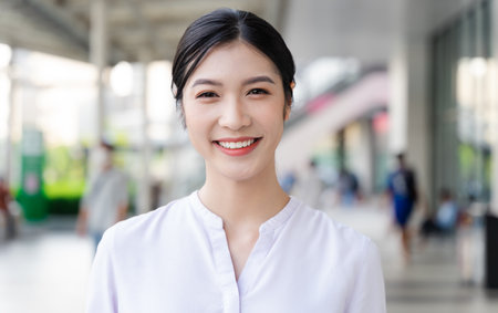 Happy smiling young woman on the streetの写真素材