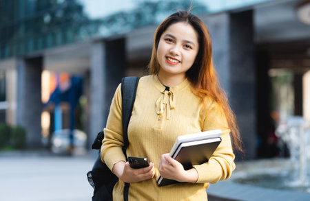 Portrait of a beautiful Asian female student at universityの写真素材