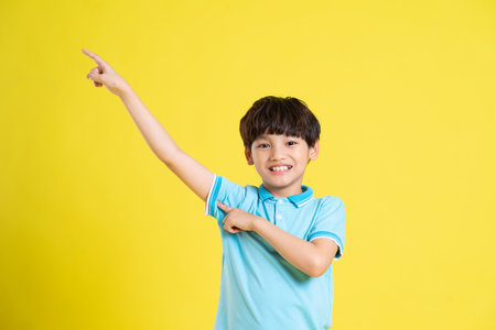 portrait of an asian boy posing on a yellow backgroundの写真素材