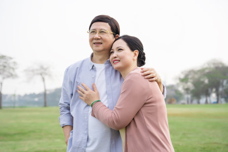 Elderly Asian couple in the parkの写真素材