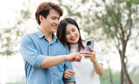 image of a happy asian couple in the parkの写真素材