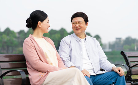 Elderly Asian couple in the parkの写真素材