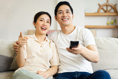 image of asian couple sitting on sofa at homeの写真素材