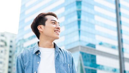 Asian man walking on the streetの写真素材