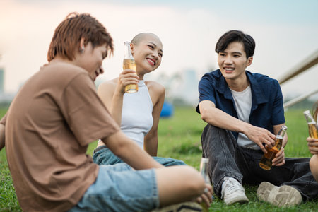Image of group of friends celebrating and drinking beer togetherの写真素材