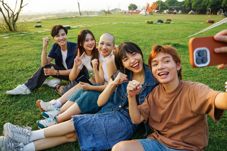 Image of a group of young Asian people laughing together and using their phonesの写真素材