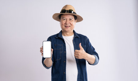 portrait of elderly asian man traveling, isolated on white backgroundの写真素材