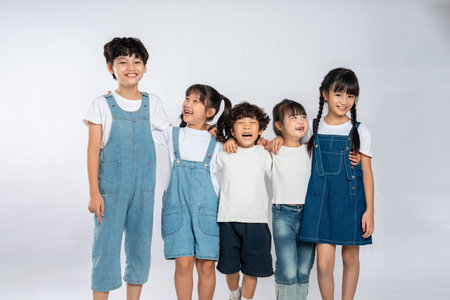 group image of cute asian kids posing on white backgroundの写真素材