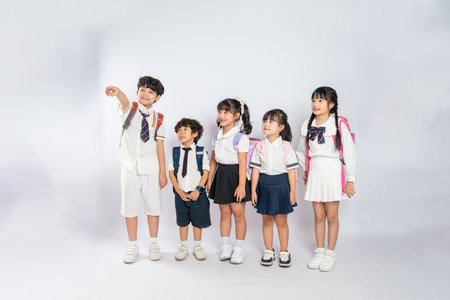 group image of cute asian kids posing on white backgroundの写真素材