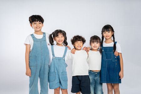 group image of cute asian kids posing on white backgroundの写真素材