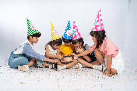 group image of cute asian kids posing on white backgroundの写真素材