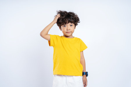 Portrait of beautiful Asian boy posing on white background, childの写真素材