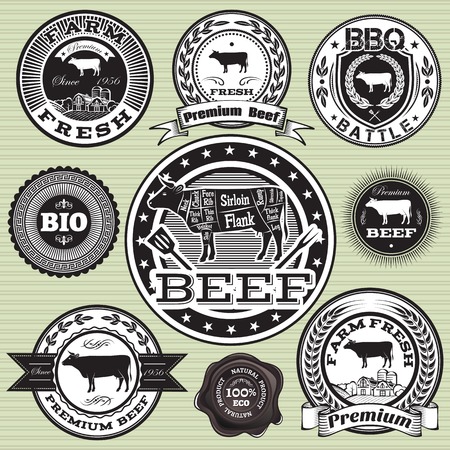 vector set of labels with cow and beefのイラスト素材