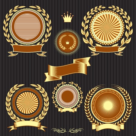 Insignia designs set vector shields, laurel wreaths and ribbonsのイラスト素材