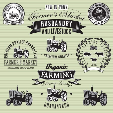 set of vector labels with a tractor for livestock and cropのイラスト素材