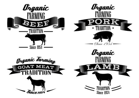 icons on vintage pig, cow, sheep, goatの写真素材
