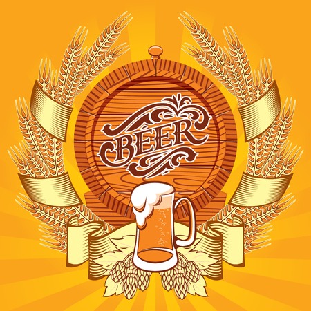 Banner with a wreath of spikelets, a glass and barrel of beerのイラスト素材